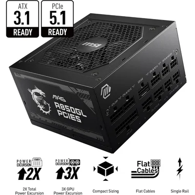 MSI MAG A850GL PCIE 5.1 & ATX 3.1 Gaming Power Supply - Full Modular - 80 Plus Gold Certified 850W - Compact Size - ATX PSU