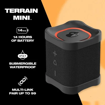 Skullcandy Terrain Mini Wireless Bluetooth Speaker - IPX7 Waterproof Portable with Dual Custom Passive Radiators, 14 Hour Battery, Nylon Wrist Wrap, & True Stereo - Black