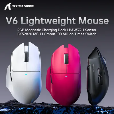 ATTACK SHARK V6 65g Superlight Wireless Gaming Mouse with RGB Magnetic Charging Dock,BT/2.4GHz Wireless/Wired Mouse 1K Polling,PixArt PAW3311 Sensor,25000DPI,Office Gamer Mice White