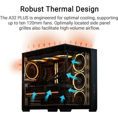 ASUS A32 PLUS ATX Computer Case, 4x Pre-Installed aRGB Fans, Up to 360mm Radiator & 10x 120mm Fan Support, 270° Panoramic View, Detach Side Panels, Black