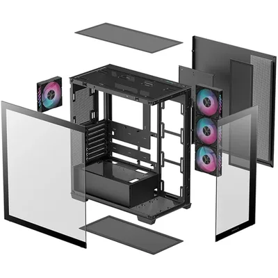 DeepCool CG580 4F Panoramic ATX Mid-Tower Case 4x Pre Installed Fans Single Chamber, Support Back Connectors & Up to 2x 360mm Radiators, Front 2x USB3.0 , Black