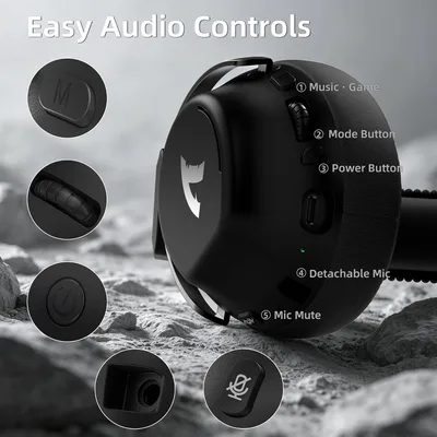 ATTACK SHARK L50 PRO Wireless Gaming Headset with Detachable Mic, Black 53mm Drivers, 2.4GHz Low Latency, Bluetooth 5.3, 3.5mm Wired, 7.1 Surround Sound, Up to 64H Battery, 264g Lightweight, AI Mic
