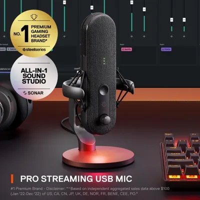 SteelSeries Alias USB Mic for PC 3x Bigger Capsule for Gaming, Streaming and Podcasting Sonar for Streamers Audio Software AI Noise Cancelling LED Mute & Level Monitoring Shock Mount