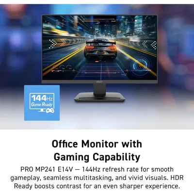 MSI PRO MP241W E14V 24" Full HD Office Monitor, 144Hz, 1ms , Free-Sync, HDMI, DisplayPort, VESA Mountable, Tilt, Speaker, 4-Side Slim Bezel , White