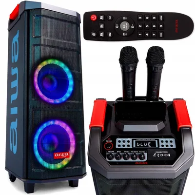 Aiwa KBTUS-608: TWS Audio System with 600W Power and RGB Front Lighting (Bluetooth, 8" Speakers with Hyperbass Technology, 12V, USB, Micro SD, Microphones Included) Colour Black