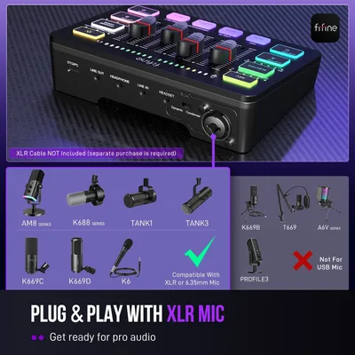 FIFINE Gaming Audio Mixer, Streaming RGB PC Mixer with XLR Microphone Interface, Individual Control, Volume Fader, Mute Button,for Podcast/Recording/Vocal/Game Voice USB PnP For PC,Mute Button,XLR Preamp,RGB,Monitoring Podcast Recording Vocal Streaming