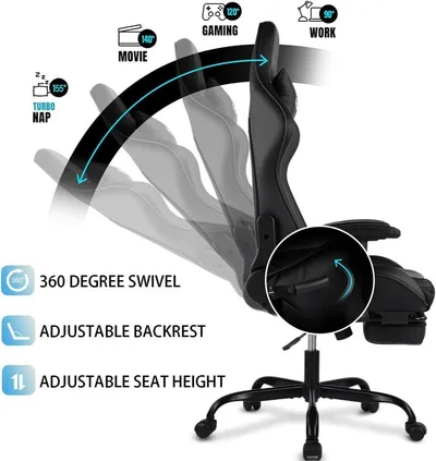 Gaming Chair, Office Chair with Footrest, Ergonomic Gaming Chair, PC Gamer Racing Chair, Adjustable Armrest, Swivel Chair, Massage Lumbar Support, PU Leather-Pink