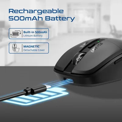 Promate Flixi Triple Mode Wireless Mouse with Bluetooth 5.1, Dual 2.4GHz USB-A & USB-C Dongles, 800/1200/1600 DPI, Silent Clicks, 500mAh Battery, 7-Color LED, Type-C Charging, 10m Range - Black