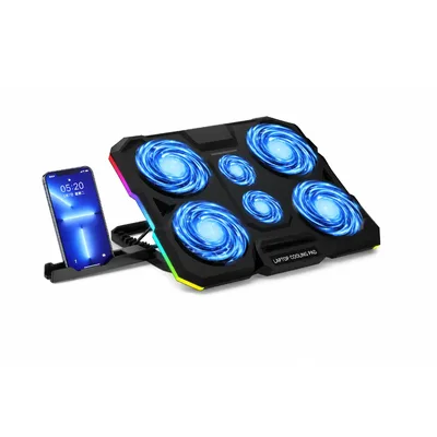 Gaming Laptop Cooling Pad 6 Blue LED Fans RGB Breathing Lighting Phone Holder Adjustable Stand