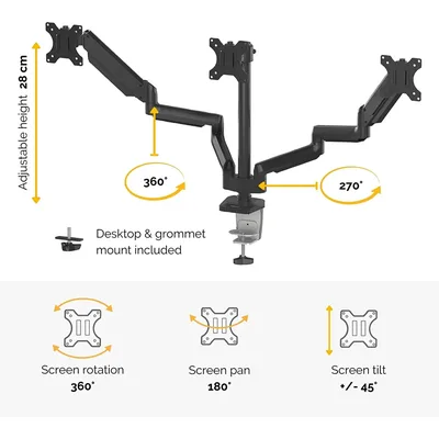 Fellowes Platinum Series Adjustable Triple Monitor Arm , Black