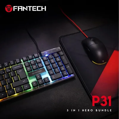 Fantech P31 Hero Bundle Wired Gaming Set (Keyboard + Mouse + Mouse Pad) Combo Kit, RGB Full Size Membrane Keyboard, 3600 DPI RGB Mouse, Large Stitched & Smooth Mouse Pad (350 x 300 x 4mm)