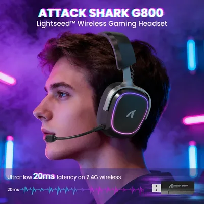 ATTACK SHARK G800 Wireless Gaming Headset, 7.1 Surround Sound,Memory Foam Ear Pads,Durable Aluminum Frame,Detachable Microphone, Bluetooth/2.4G Wireless/Wired Headphone for PC,PS5,PS4,Xbox One(Black)