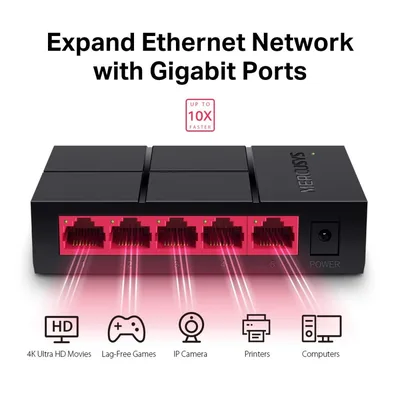 MERCUSYS MS105G 5-Port Gigabit Desktop Switch Plug and Play, Power Saving, Black