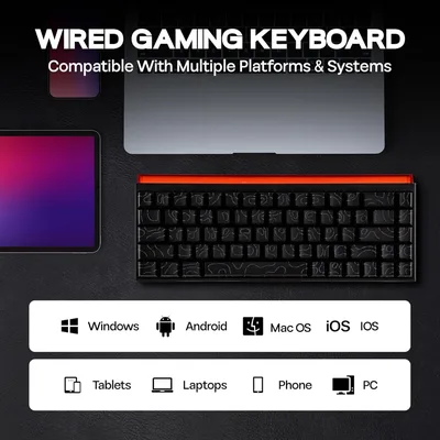 AJAZZ NK68 Wired Gaming Keyboard with Lightbox, 65% Compact Mechanical Keyboard, Hot Swappable, Shine Through Keycaps, NKRO for Win/Mac/Android (Black Topographic)