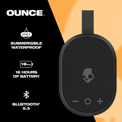 Skullcandy Ounce Wireless Bluetooth Speaker - IPX7 Waterproof Mini Portable Speaker with 16 Hour Battery, Downward Firing Passive Radiator, and Ballistic Nylon Carry Strap - Black