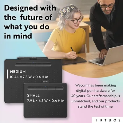 Wacom Intuos Medium Bluetooth Graphics Drawing Tablet Portable For Teachers, Students & Creators 4 Customizable ExpressKeys For Chromebook Mac OS Android & Windows - Black Color