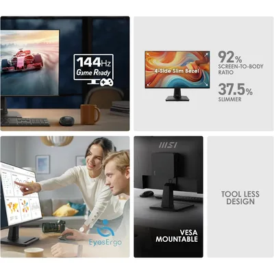MSI PRO MP251 E14L 25" IPS Full HD Office Monitor, 144Hz, 1ms , Free-Sync, HDR Ready, HDMI, VGA Port,VESA Mountable, Tilt, 4-Side Slim Bezel, Black
